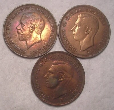 3 Old Great Britain Pennies, 1935 1939 & 1944,  Nice Original Surfaces - Image 1 of 2