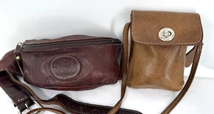 Vintage 90er ROOTS Canada Cognac Braun Tribe Leder 2er Set Taschen Bauchtasche Handtasche - Bild 1 von 16