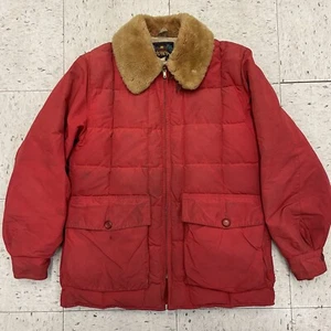 Vintage Eddie Bauer Down Jacket Coat Blizzard Proof Shearling Fur Collar Red M - Picture 1 of 18