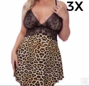 Plus Size 3X Sexy Leopard Print Negligee Thong Set Lingerie New