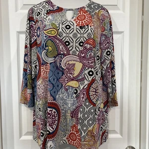 Chico’s 3 Ikat Colorful Block Print Soft Knit Long Sleeve Top Shirt Women's XL - Picture 1 of 9
