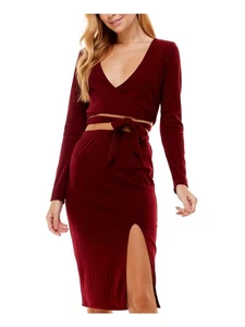 CITY STUDIO Womens Maroon Knit Tie Midriff Wrap Top Dress M - Picture 1 of 11