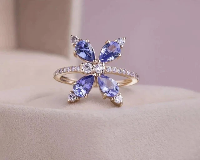 Anel de noivado feminino de tanzanita corte pera 2 quilates folheado a ouro rosa 14K - Imagem 1 de 1