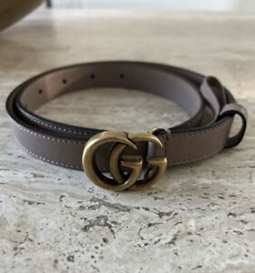 Authentic Gucci GG Marmont Beige Nude Leather Thin Belt Size 65-26