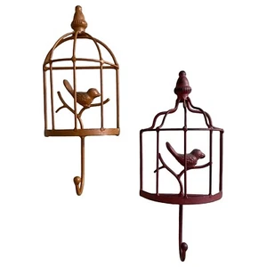 2 Decorative Metal Bird Cage Wall Hooks for Coat Bags Towels Keys Red Yellow 10” - Picture 1 of 4