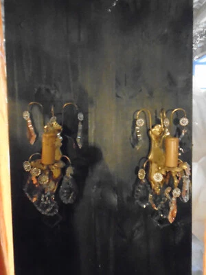 Paire d’appliques murales en bronze doré & pampilles en verre - Photo 1/4