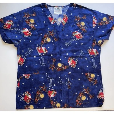 Christmas Scrub Top Crest Cottons Santa Sleigh Women's Scrub Top Size M - Image 1 of 4