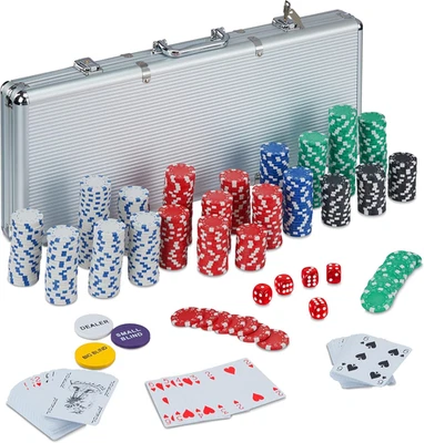Valigetta Poker, 500 Chips Laser, 2 Mazzi Di Carte, 5 Dadi, Dealer, Richiudibile - Immagine 1 di 4