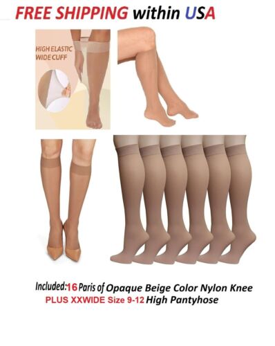 16 Pairs XX-Wide Plus Women Opaque Beige Color Nylon Knee High Trouser Stocking