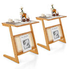 2 PCS Z-shaped End Table Glass Top Bamboo Side Table w/ Magazine Rack