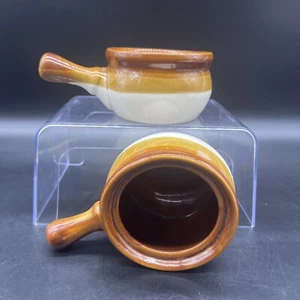 Set Of 2 Pottery Stoneware Crock Bowl, No Lids Handle Glazed Brown 4.5” Diameter - Picture 1 of 18