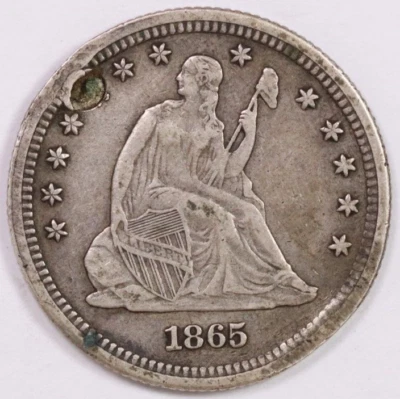 1865-P 25C Silver Seated Liberty Quarter Dollar VF Plugged Circulated US Coin - Image 1 of 2