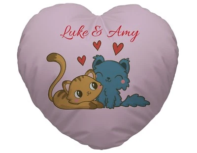 Personalised Pink Love Cats Design Heart Shaped Cushion Valentines Day Gift  - Image 1 of 2