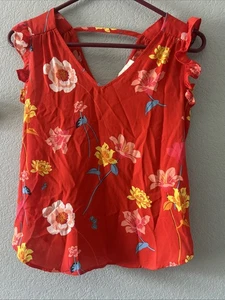 Loft Petite XS Red Orange Floral Chiffon Blouse With Ruffle - Picture 1 of 5