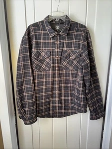 VOLCOM Men's Lined Plaid Jacket Snap Closure Long Sleeve Size Large Black Brown - Picture 1 of 5