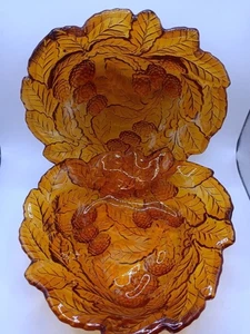 2) Vintage Amber Carnival Glass Candy Dish / Bowls Leaves & Berries Solid Amber - Picture 1 of 9