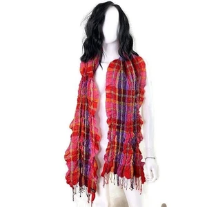 FRAAS Crinkled Fringe Trim Scarf Colorful Plaid Wrap Layering Statement Womens - Picture 1 of 8