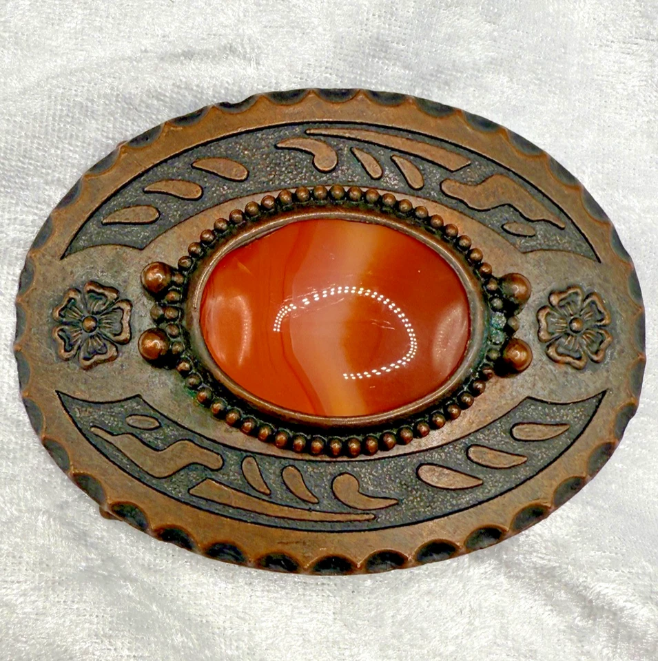 Hebilla Cinturón Piedra Vintage Naranja Tono Latón LEER Foto 1 de 4