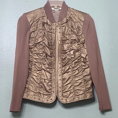 Chaqueta tejida de cuero para mujer Peter Nygard metálica cobre acanalada tachonada M Foto 1 de 4