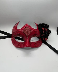 Red Black Glitter Flower Masquerade Mask Lace Handmade Italy Pier 1 - Picture 1 of 4