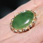 14K 585 SOLID YELLOW GOLD GREEN JADE LARGE 1.2" LONG  STATEMENT RING SIZE 5.25