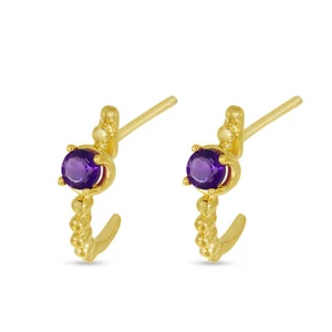 14K Yellow Gold Amethyst Beaded Birthstone Huggie Earrings - Picture 1 of 1