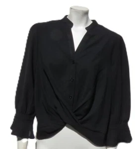 US Damen große schwarze weiche plissierte Crossover Cropped Bluse Shirt Oberteil 3/4 Ärmel - Bild 1 von 7