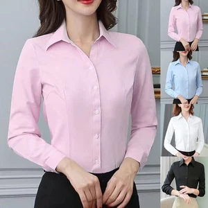 Elegant Long Sleeve Blouse Women's White Business Shirt Button Up Tops - Picture 1 of 31