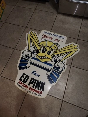 Letrero de metal vintage 1980 Ed Pink Racing "Kit araña cromado duro" 24 por 26,5" Foto 1 de 4