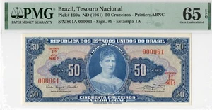 Brazil 50 Cruzieros ND (1961) Note Pick 169a PMG UNC 65 EPQ G01-12 LOW SERIAL - Picture 1 of 2
