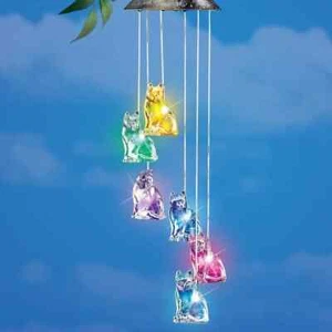 Solarbetriebene LED farbwechselnde Katze Katze Garten mobiles Glockenspiel - Bild 1 von 1