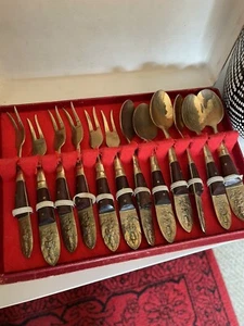 MCM Thailand Devas Gold Bronze& Wood COCKTAIL Set 12 Pc - S. Samran W Box NOS - Picture 1 of 6