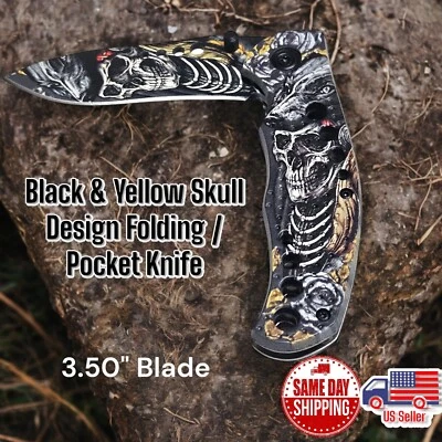 Cuchillo plegable/bolsillo con asistencia de calavera negro y amarillo de 8" caza carpintería camping Foto 1 de 3