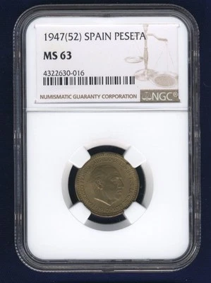 SPAIN 1947 (52)  PESETA COIN, CHOICE UNCIRCULATED, NGC CERTIFIED MS-63 - Image 1 of 2