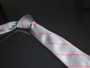 Vintage Yves Saint Laurent YSL Polyester Tie Gray Red Luxury Skinny Necktie USA - Picture 1 of 5