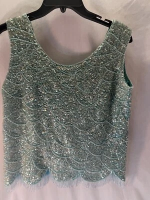 Vintage Beaded Teal Green Top Fringe Beads Cool - Image 1 of 4