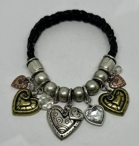 Silver Tone Multi Heart Charm Dangle Braided Faux Leather Cord Stretch Bracelet - Picture 1 of 5