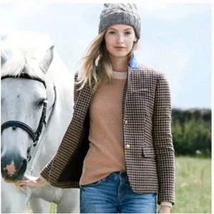 J. CREW Schoolboy Blazer Wool Houndstooth Plaid Navy Blue Brown Sz 8 {AA8} - Picture 1 of 5