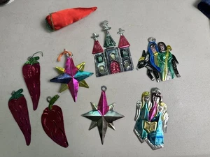 Vintage Mexikanische Volkskunst Gelocht Durchbohrt Zinn Ornamente 8er Set - Bild 1 von 7