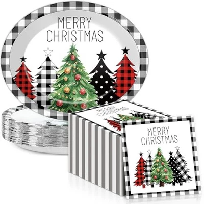 50Pcs Paper Oval Plates 11inch Black Buffalo Plaid Tree Plates and Christmas - Image 1 of 4