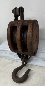 Vintage Double Wood & Iron Block & Tackle Snatch Pulley w/ Hook, Tested See Clip - Picture 1 of 19