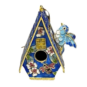 Cloisonne Birdhouse W/ Perched Blue Bird Christmas Ornament Enamel - Picture 1 of 9