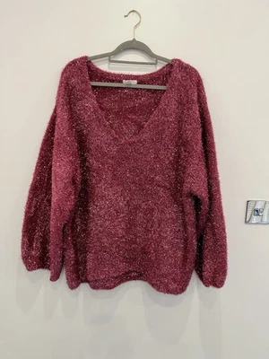Burgundy Sparkle Knit Jumper Fluffy V Neck Oversized Party Christmas Sweater XL - Image 1 of 3
