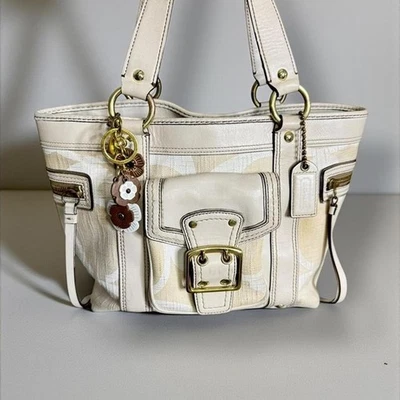 Bolso de Mano Y2k Coach 2006 Crema y Beige Legacy Signature Lino Lona Bolso Cartera Glamuroso Foto 1 de 4