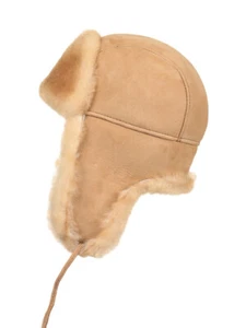 Kids Shearling Sheepskin Aviator Fur Hat - Tan - Picture 1 of 6