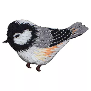Chickadee Applique Patch Grey & Yellow Facing Left Embroidered Bird Badge 2.25" - Picture 1 of 1
