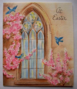 Bluebirds at church window vintage Easter greeting card *JJ20 - Picture 1 of 3