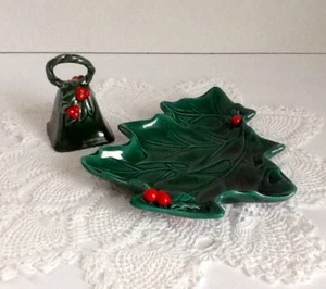 VTG Lefton Pair Christmas Tree Candy Dish & Bell Holly & Berries 1970s Japan - Picture 1 of 10