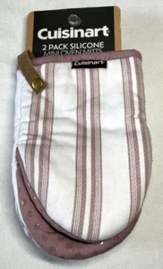 CUISINART MINI OVEN MITTS (2) WHITE PLUM STRIPE 100% COTTON SILICONE LOOP- NWT - Picture 1 of 2