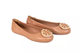 TORY BURCH Minnie Travel Ballet with Metal Leather Ballet Flats TAN Size 6.5 US - Picture 1 of 6